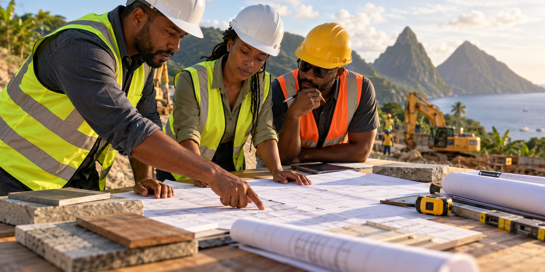 Illustration of construction professionals reviewing drawings